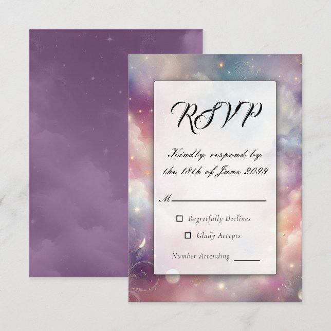 Cartão RSVP Shimmering Celestial Stardust Skies Casamento (Frente/Verso)