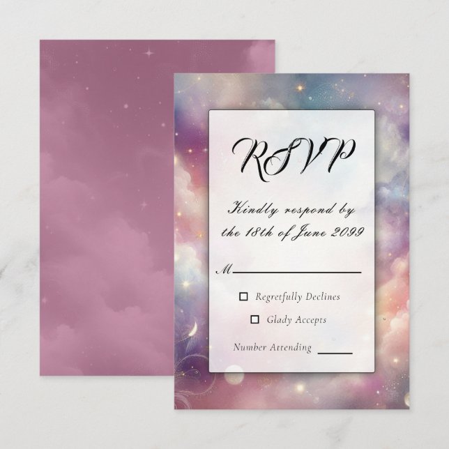 Cartão RSVP Shimmering Celestial Stardust Skies Casamento (Frente/Verso)