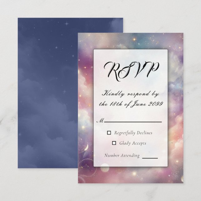 Cartão RSVP Shimmering Celestial Stardust Skies Casamento (Frente/Verso)