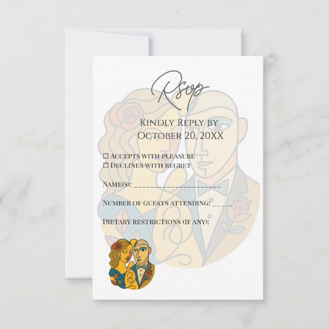 Cartão RSVP Silhueta Artística Destino Casamento Arte Moderna (Frente)