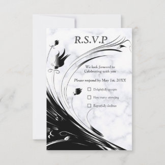 Cartão RSVP Silhueta Negra Elegante Moderna no Mármore Branco