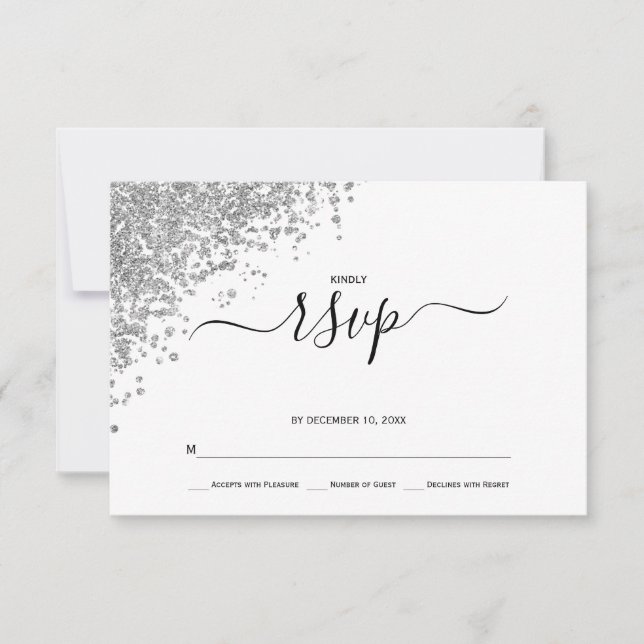 Cartão RSVP Silver Glitter Wedding (Frente)