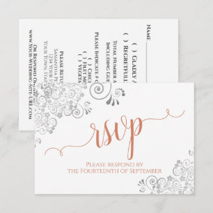 Cartão RSVP Silver Lace Coral em Casamento de Script Elegante