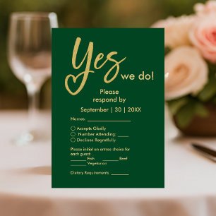 Cartão RSVP Sim, nós fazemos casamento Dourado e esmeralda