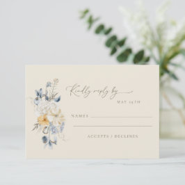 Cartão RSVP Simple Blue Yellow Floral Minimalist Wedding 