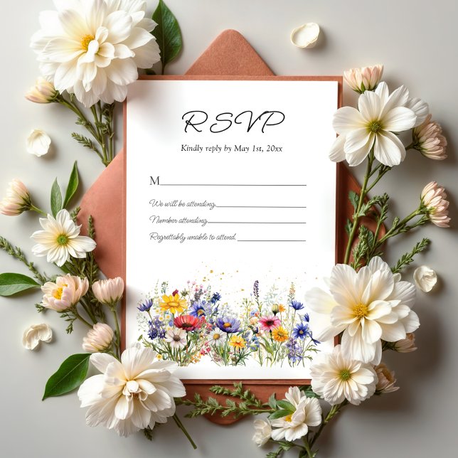Cartão RSVP Simple Boho Chic Wildflower Wedding (Criador carregado)