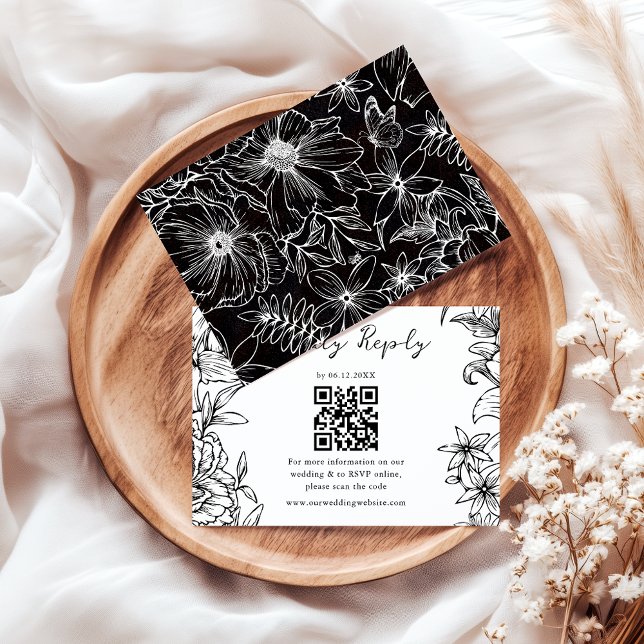 Cartão RSVP Simple Elegant Black White Floral QR Code Wedding (Criador carregado)