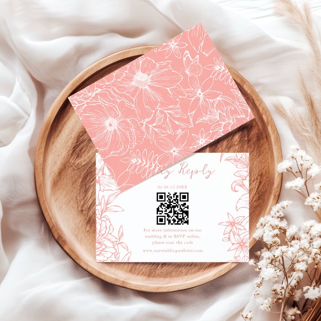 Cartão RSVP Simple Elegant Dusty Pink Floral QR Code Wedding (Criador carregado)