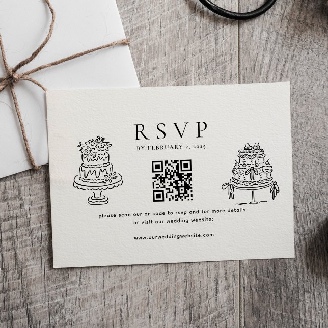 Cartão RSVP Simple Minimal Cake Wedding Qr Code Wedding  (Criador carregado)