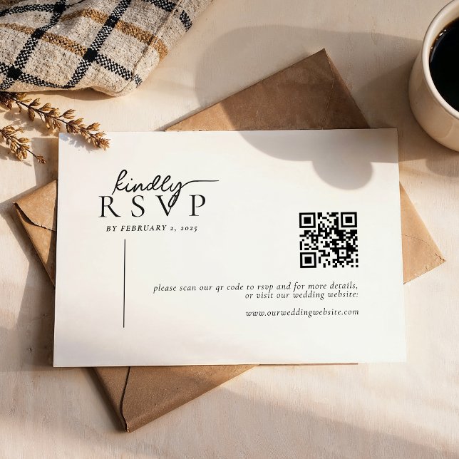 Cartão RSVP Simple Modern Line Script Qr Code Wedding (Criador carregado)