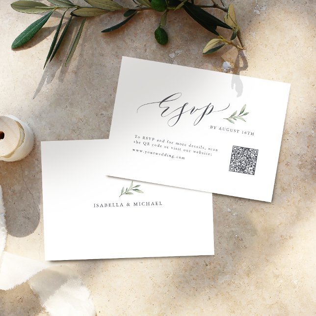 Cartão RSVP Simples caligrafia ruinosa casamento verde Rótulo  (Simple calligraphy rustic greenery wedding QR code RSVP Card)