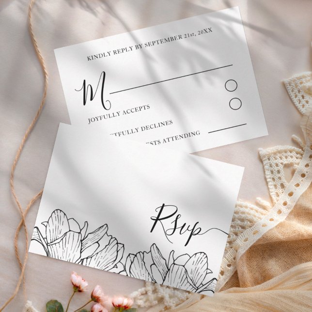 Cartão RSVP Simples Casamento Botânico Preto e Branco (Criador carregado)