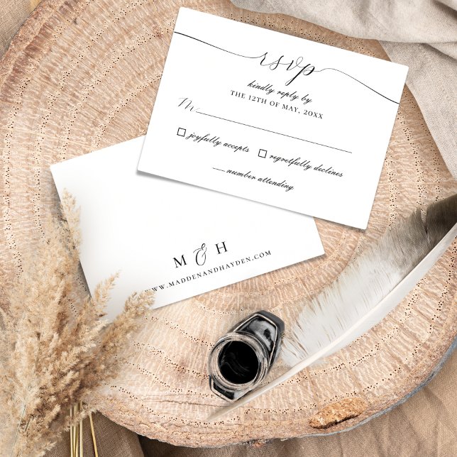 Cartão RSVP Simples Casamento Branco Preto de Script Elegante (Criador carregado)