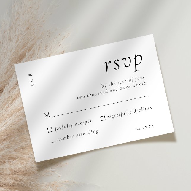 Cartão RSVP Simples Casamento Branco Preto de Script Elegante (Criador carregado)