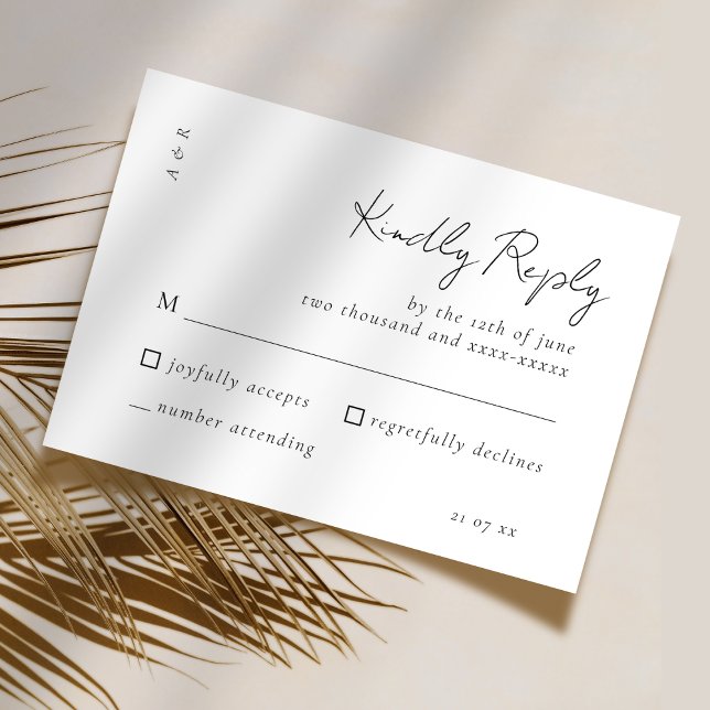 Cartão RSVP Simples Casamento Branco Preto de Script Elegante (Criador carregado)