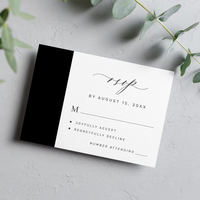 Cartão RSVP Simples casamento preto e branco minimalista (Criador carregado)