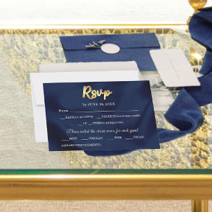 Cartão RSVP Simples Elegante Moderno Casamento Azul Marinho e 