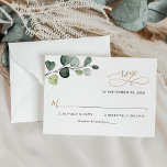 Cartão RSVP Simples Eucalyptus Deixa Casamento Dourado Verde<br><div class="desc">Projetado para coordenar com a nossa coleção de casamento Dourada Boho Greenery,  esta placa RSVP personalizável,  apresenta uma ramificação de eucalipto aquoso com texto gráfico caligráfico,  emparelhado com uma fonte de serif & sans modernos em preto. Itens correspondentes disponíveis.</div>