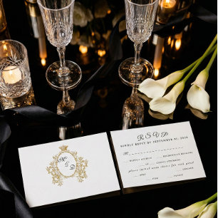 Cartão RSVP Simples Monograma Vintage Falso Ouro Casamento RSV