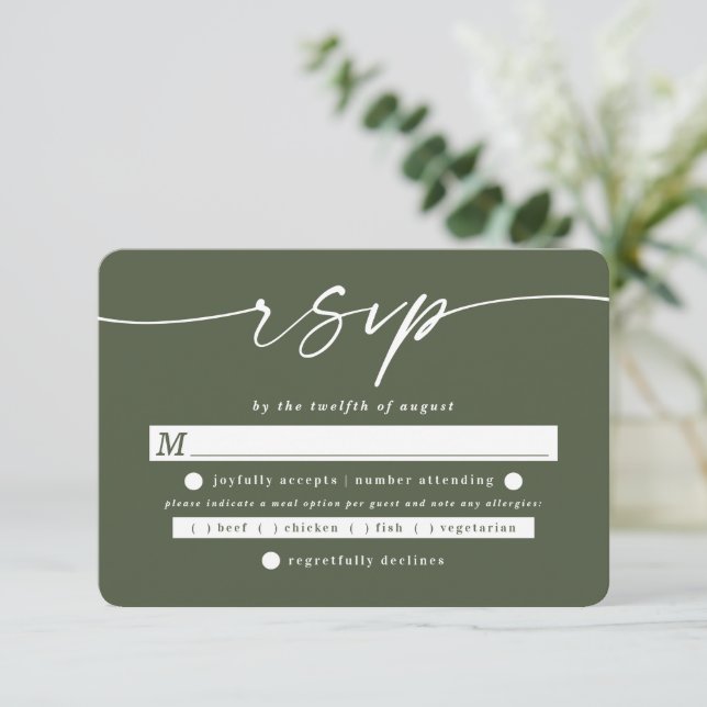 Cartão RSVP Simples Monstera - Escolha de Refeição de Casament (Em pé/Frente)