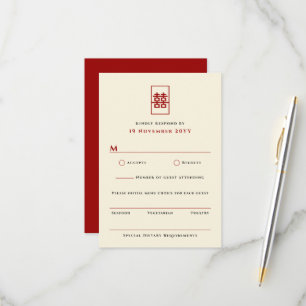 Cartão RSVP Simples Retângulo Dupla Felicidade Casamento Chinê