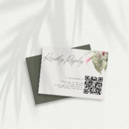 Cartão RSVP Simples Tropical Floral QR Code Dark Green