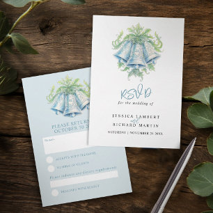 Cartão RSVP Sinos de casamentos e aquarela de folhagem verde R