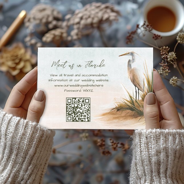 Cartão RSVP Site de Casamento Boho Costeiro Design Egret (Criador carregado)