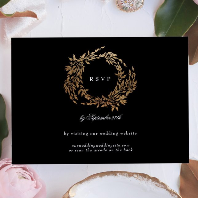 Cartão RSVP Site de Casamento Clássico de Crest Negra Premium  (Criador carregado)