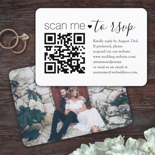 Cartão RSVP Site de Casamento com Código QR e Foto Enclosure S (Criador carregado)