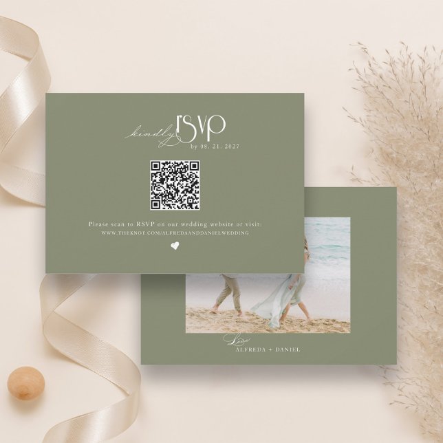 Cartão RSVP Site de Casamento com Código QR Verde Sage Minimal (Criador carregado)