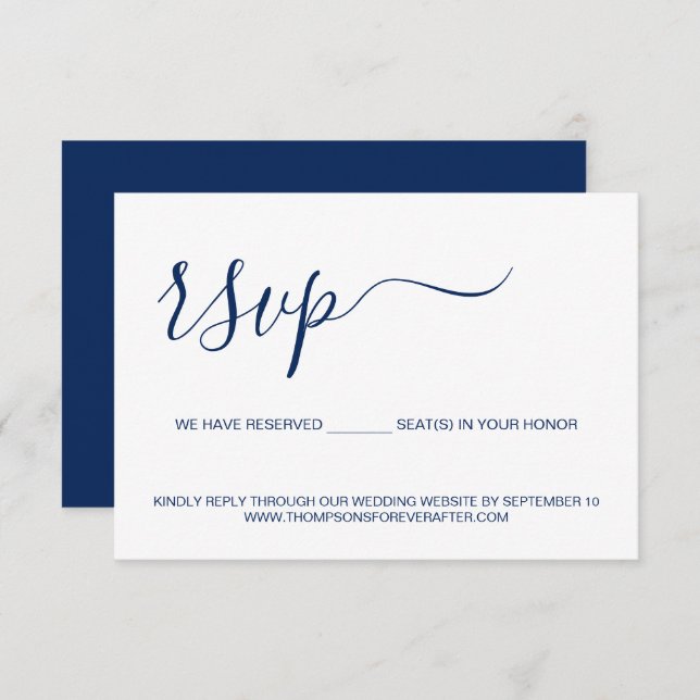 Cartão RSVP Site de Casamento de Assentos Reservados Azul Simp (Frente/Verso)