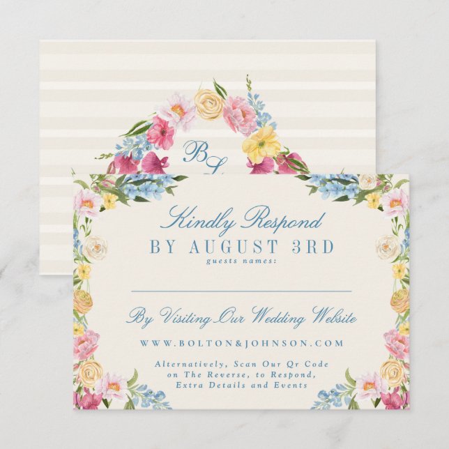 Cartão RSVP Site de casamento online da French Blue Floral Vin (Frente/Verso)