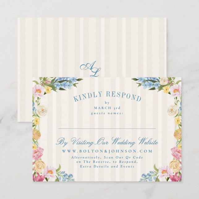 Cartão RSVP Site de casamento online da French Blue Floral Vin (Frente/Verso)