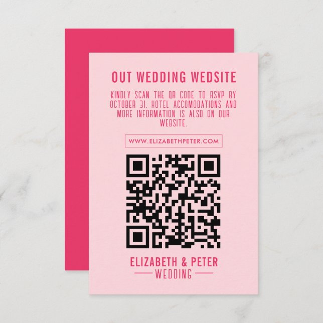 Cartão RSVP Site Retro Pink Qr Code Wedding (Frente/Verso)