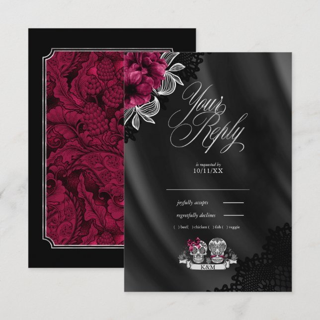 Cartão RSVP Skulls Gothic Wedding Burgundy ID866 (Frente/Verso)