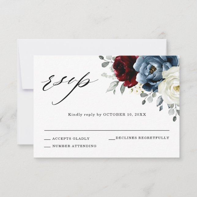 Cartão RSVP Slate Blue Burgundy White Ivory Floral Casamento (Frente)