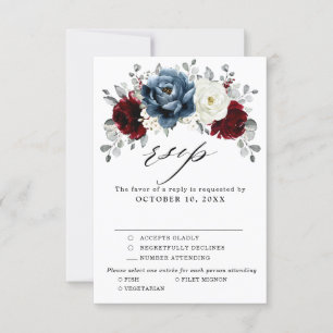 Cartão RSVP Slate Blue Burgundy White Ivory Floral Casamento