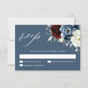 Cartão RSVP Slate Blue Burgundy White Ivory Floral Casamento R