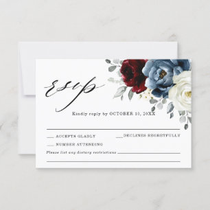Cartão RSVP Slate Blue Burgundy White Ivory Floral Casamento R
