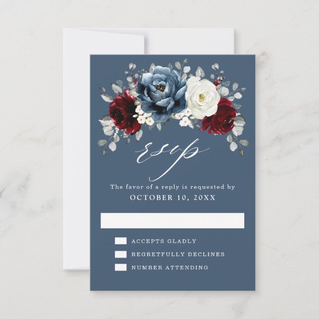 Cartão RSVP Slate Blue Burgundy White Ivory Floral Casamento R (Frente)