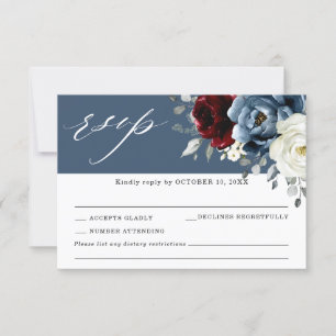 Cartão RSVP Slate Blue Burgundy White Ivory Floral Casamento R