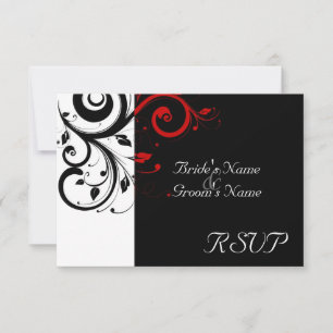 Cartão RSVP Sm Black +White Red Swirl Casamento Correspondente
