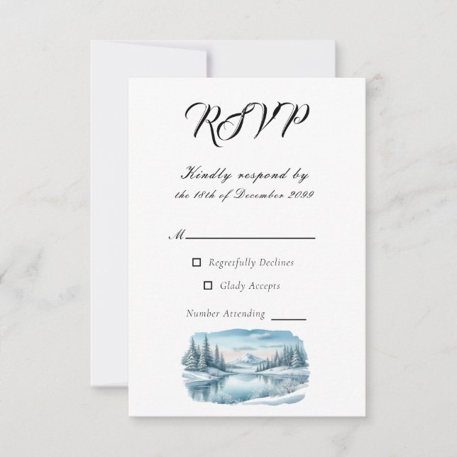 Cartão RSVP Snowy Mountain Winter Lake Wedding (Frente)