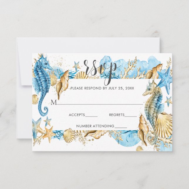Cartão RSVP Sob o Mar Azul, Dourado Casamento de Verão Branco  (Frente)