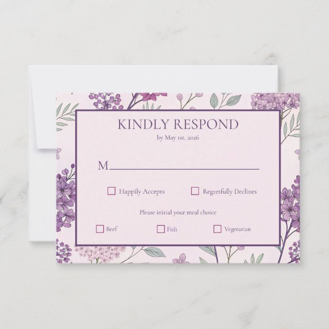 Cartão RSVP Soft Pink and Purple Lilac Floral Wedding (Frente)
