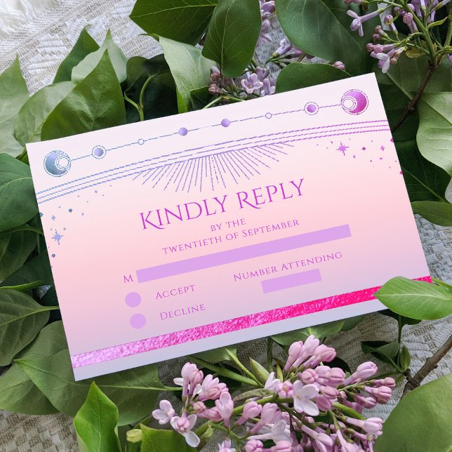 Cartão RSVP Sol Cor-de-Sol Rosa Celestial Estrelas Casamento (Criador carregado)