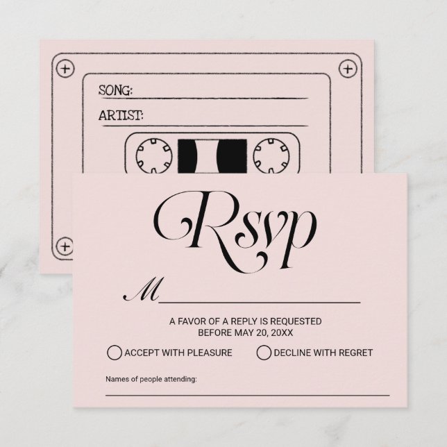 Cartão RSVP Solicitação de Música Casada Cassette Fita Blush R (Frente/Verso)