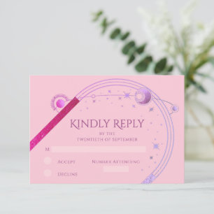 Cartão RSVP Solo Rosa Celestial Púrpura Sol Lua Estrelas Casam