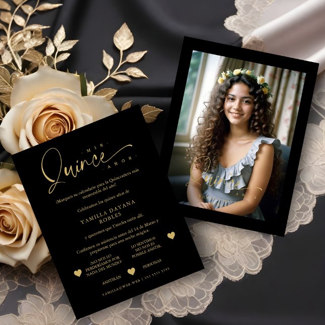 Cartão RSVP Spanish Black Trendy Quinceañera Collage 4 Photos (Spanish Black Trendy Quinceañera Collage 4 Photos RSVP Card. )